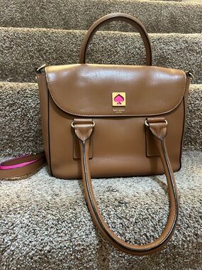 kate spade Brown Leather Top-Handle Satchel with Pink Accent